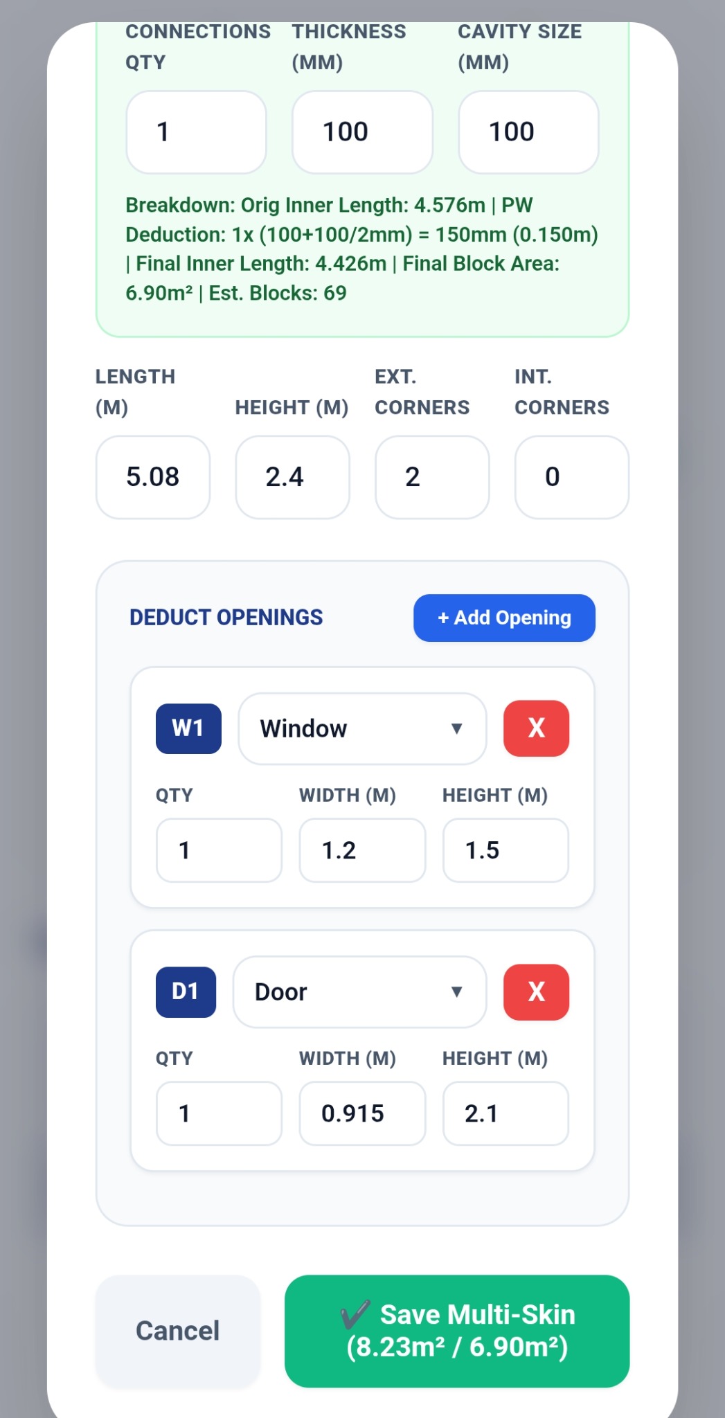 TallyTrowel opening deductions with W1 window and D1 door references